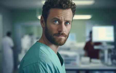Portrait of a serious doctor looking at camera in the operating roomの素材