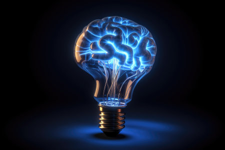 Human brain in a light bulb on a dark background. 3d illustrationの素材