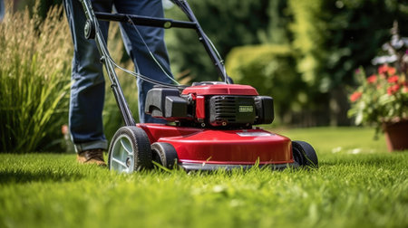 Lawn mower cutting grass in the garden, close-upの素材