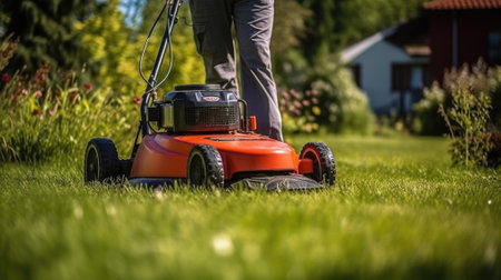 Lawn mower cutting grass in the garden. Gardening concept.の素材