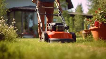 Gardener mowing the grass with a lawn mower.の素材