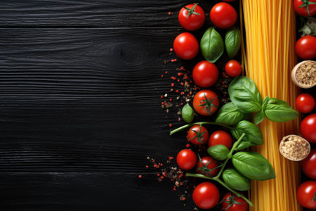 Spaghetti with basil leaves and cherry tomatoes on black wooden table, top viewの素材