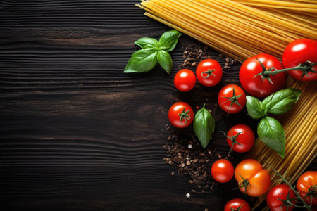 Spaghetti with tomatoes, basil and spices on a black wooden backgroundの素材