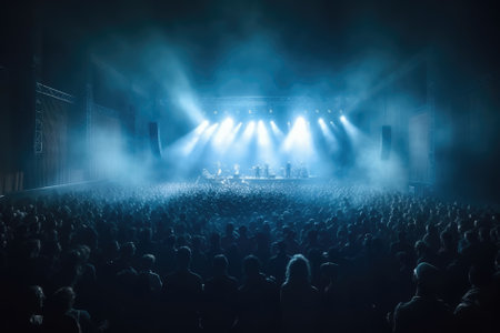 Concert crowd in front of bright stage lights with smoke and fogの素材