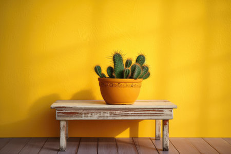 Cactus in pot on wooden table and yellow wall background with copy spaceの素材