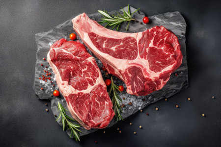 Raw fresh beef ribeye steak with spices and herbs on a black backgroundの素材