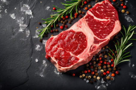 Raw ribeye steak with rosemary and peppercorns on black backgroundの素材