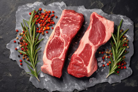 Raw pork chops with rosemary and peppercorns on stone backgroundの素材