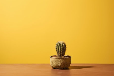Cactus in pot on wooden table on yellow background. Minimal concept.の素材