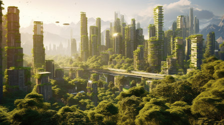 Futuristic cityscape with skyscrapers and high-rise buildingsの素材