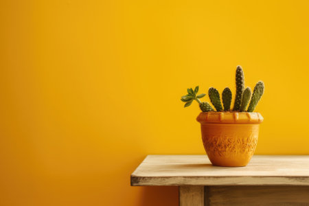 Cactus in pot on wooden shelf with yellow wall background, stock photoの素材