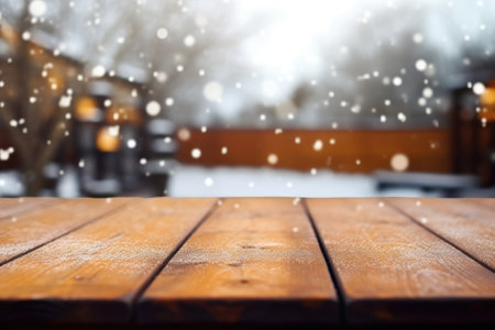 Wooden table background in front of winter landscape. Collage.の素材
