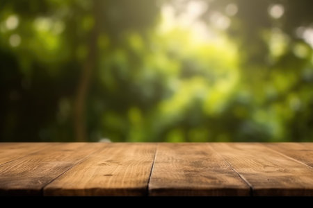 Empty wooden table for product placement or montage with bokeh backgroundの素材