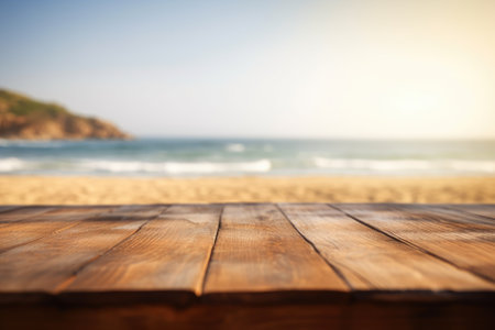 Empty wooden table for product display montage with sea and sky backgroundの素材