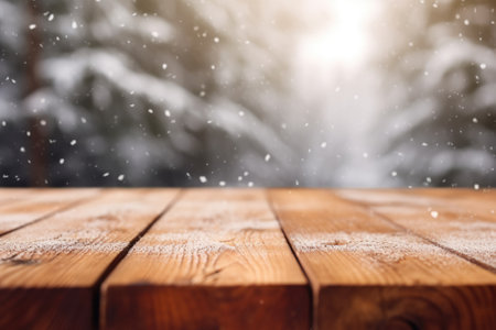 Wooden table in front of blurred background with snowflakes.の素材