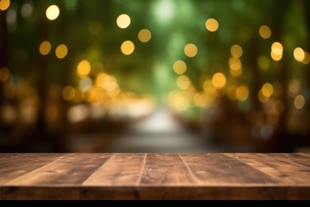 Empty table for product display montages with bokeh background.の素材