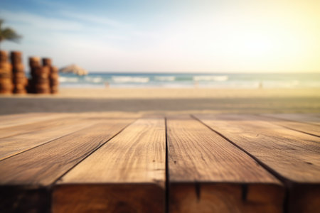 Wooden table top on blur beach background - can be used for display or montage your productsの素材