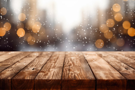 Wooden table background with bokeh lights and snowfall.の素材