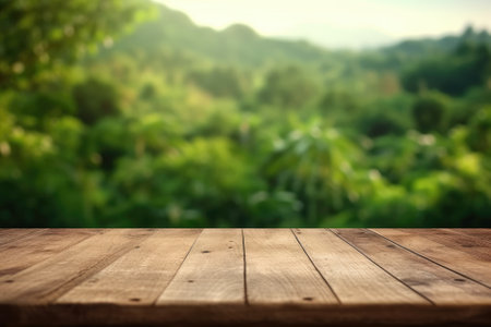 Wooden table top on blur nature background - can be used for display or montage your productsの素材