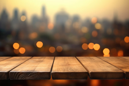 Empty wooden table and bokeh background, product display montageの素材