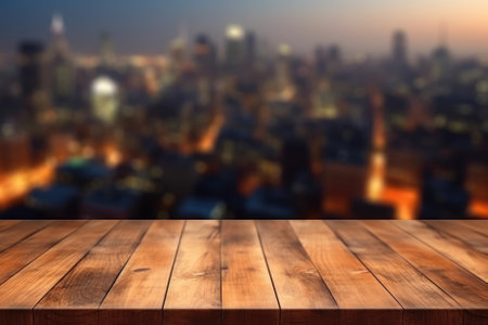 Empty wooden table over blurred cityscape background, product display montageの素材