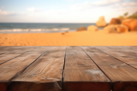Wooden table top on blurred beach background - can be used for display or montage your productsの素材