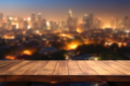 Wood table top on blur cityscape background - can be used for display or montage your productsの素材