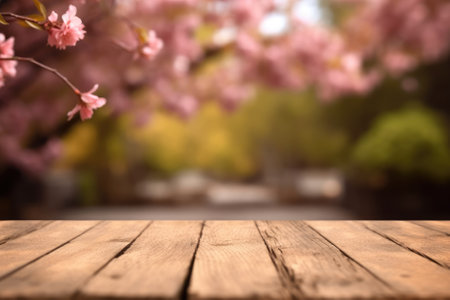 Wooden table in front of cherry blossom background with copy spaceの素材