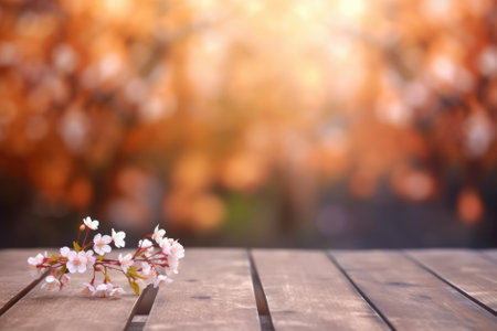 Cherry blossoms on wooden table in front of blurred nature backgroundの素材