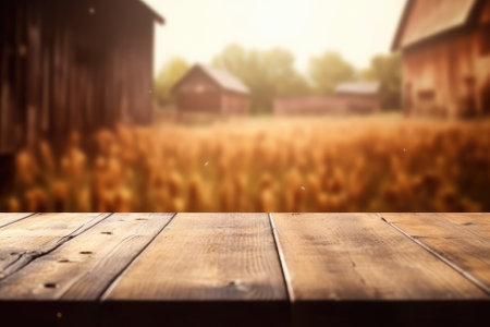 Wooden table in front of blurred farm background. Collage.の素材