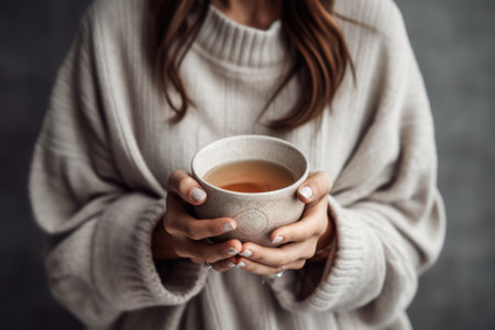 cropped view of woman in sweater holding cup of tea at homeの素材