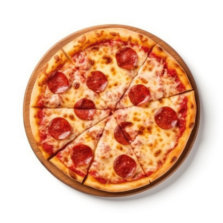 Pepperoni pizza isolated on white background. Top view. Flat lay.の素材