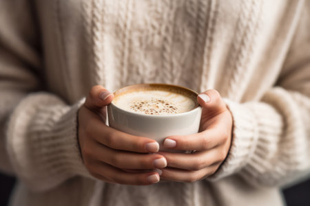 Woman holding cup of coffee, closeup. Cozy winter conceptの素材