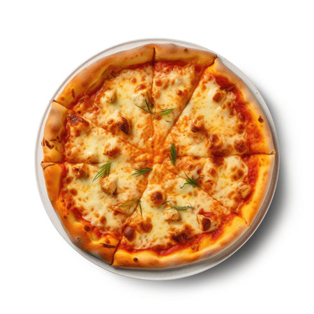 Pizza with mozzarella cheese and rosemary on white backgroundの素材
