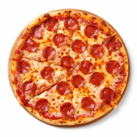 Pepperoni pizza isolated on a white background. Top view.の素材