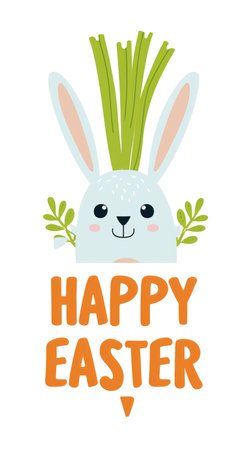 Happy Easter. Cute bunny with green leaves. Vector illustration.の素材