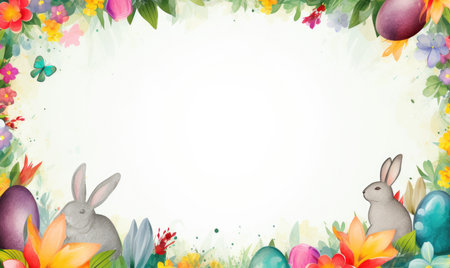 Easter frame with flowers, eggs and bunnies. Vector illustration.の素材