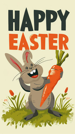 Happy Easter card with rabbit and carrot. Vector illustration in retro style.の素材