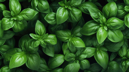 Top view of fresh green basil leaves background. Top view of fresh basil leaves texture.の素材