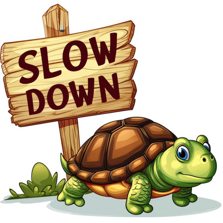 Illustration of a little turtle holding a signboard with the word slow down on a white backgroundの素材
