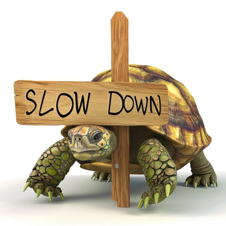 Tortoise holding a wooden sign that says slow down, isolated on whiteの素材