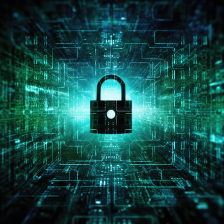 Cyber security concept with padlock on digital background. 3D renderingの素材