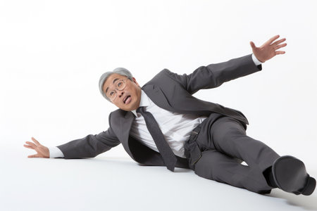 senior Japanese businessman lying on the floor - isolated on white backgroundの素材