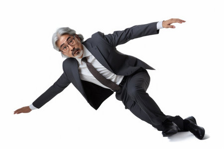 Portrait of a happy senior business man jumping isolated on white backgroundの素材