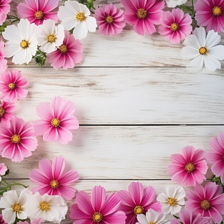 Cosmos flowers on white wooden background. Top view with copy spaceの素材