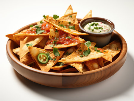 Bowl of nachos with salsa and guacamoleの素材