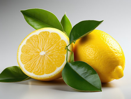 Lemons and lemons with leaves on a white background.の素材