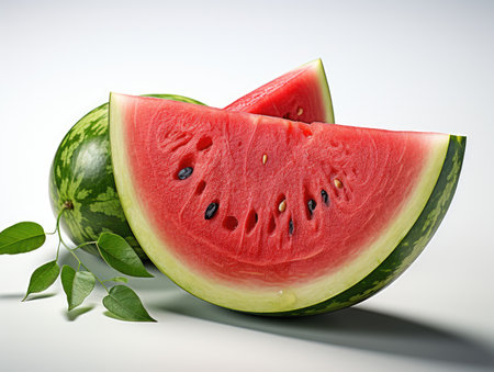 Watermelon with leaves isolated on white background. 3d illustration.の素材