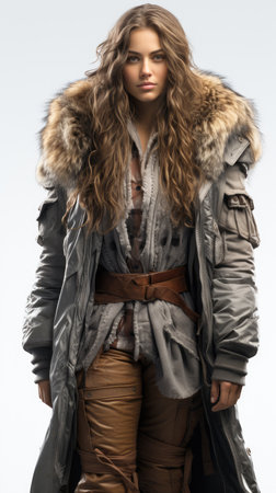Fashionable young woman in winter coat and beige pants.の素材