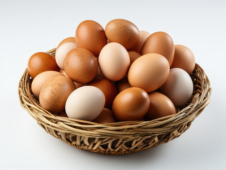 Eggs in a basket on a white background, top viewの素材